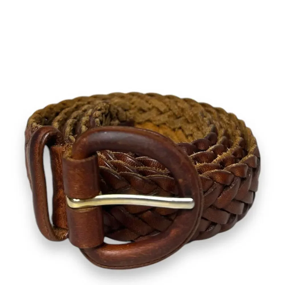Vintage Braided Leather Belt Brown Leather Buckle Oil Tanned Cowhide Mens 38-95